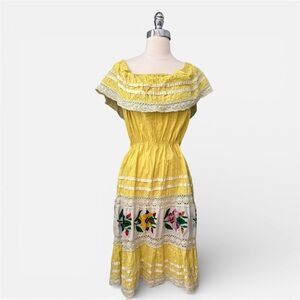 Yellow Off-Shoulder Dress with Floral Embroidery